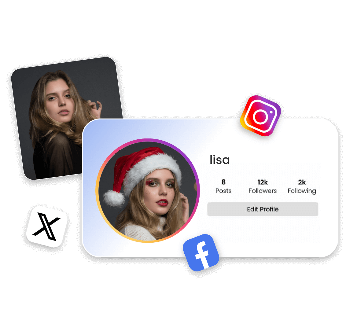 女性の写真から作成したクリスマス仕様のSNSアイコン用クリスマス加工