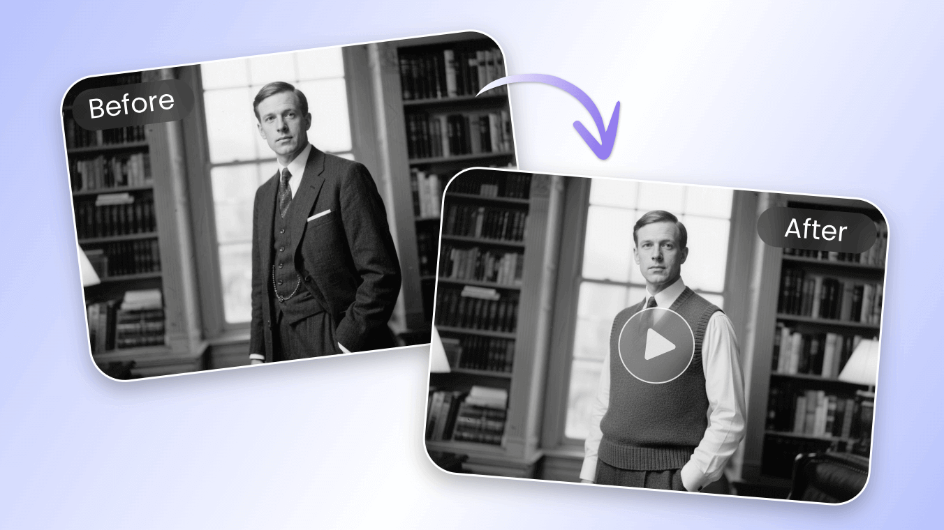 Create a dynamic outfit change video using an old photo of a man