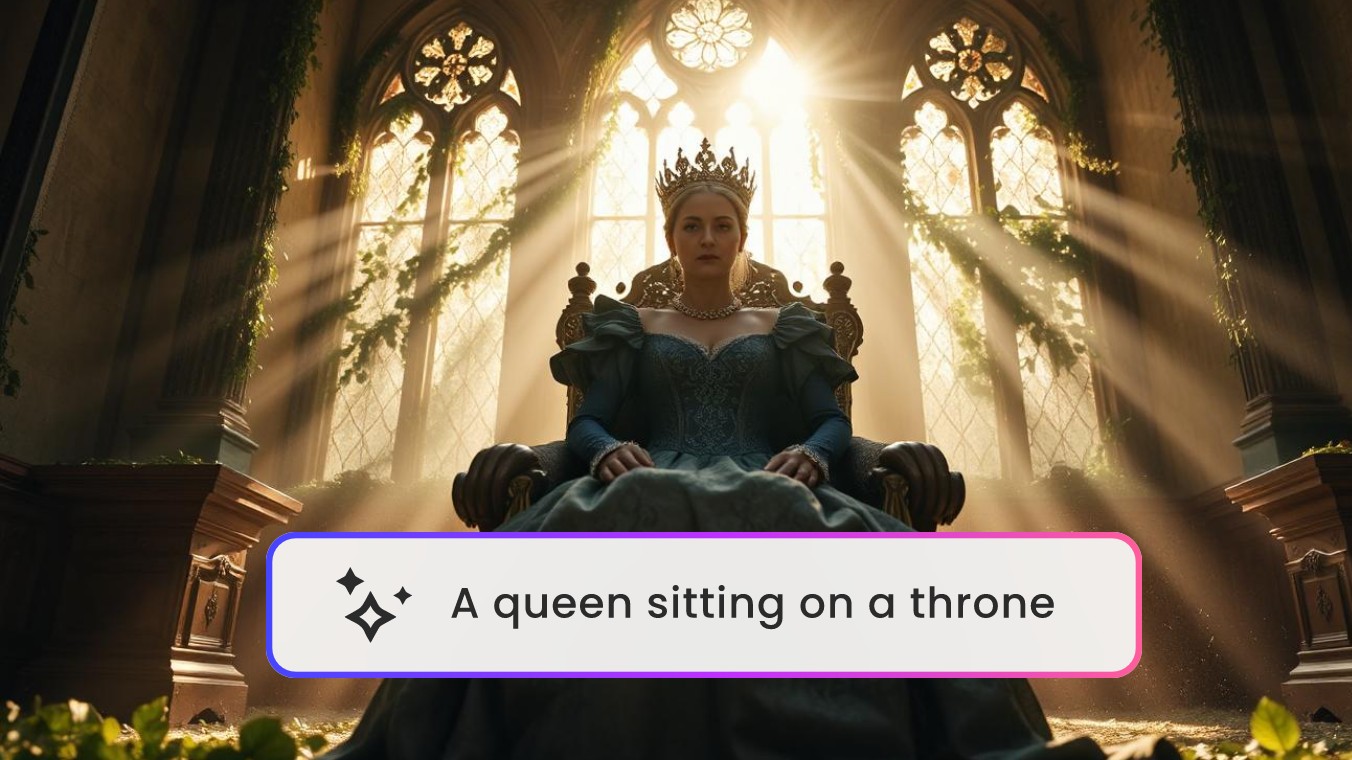 Create a movie footage from text featuring a queen sitting on a throne