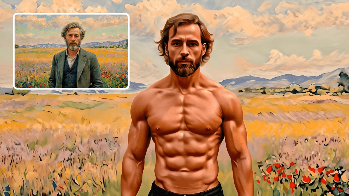 Crie um vídeo de crescimento muscular de um personagem em obras de arte com IA