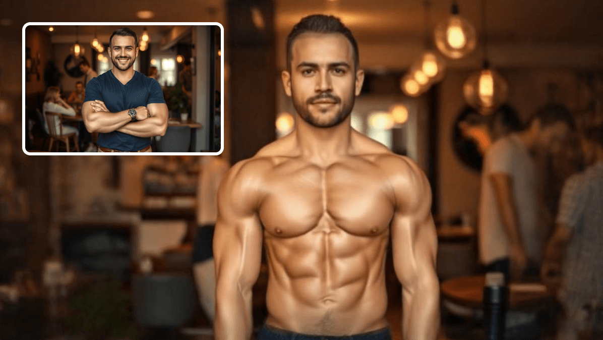 Crie um vídeo de crescimento muscular de um homem bonito com IA