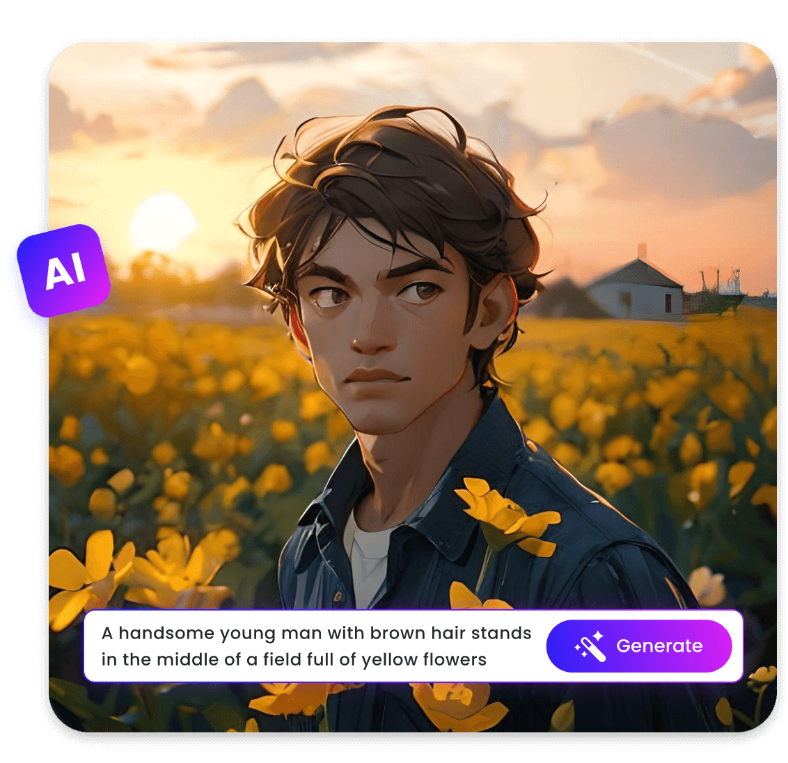 Create an ai cartoon boy in front of a sunset view from text