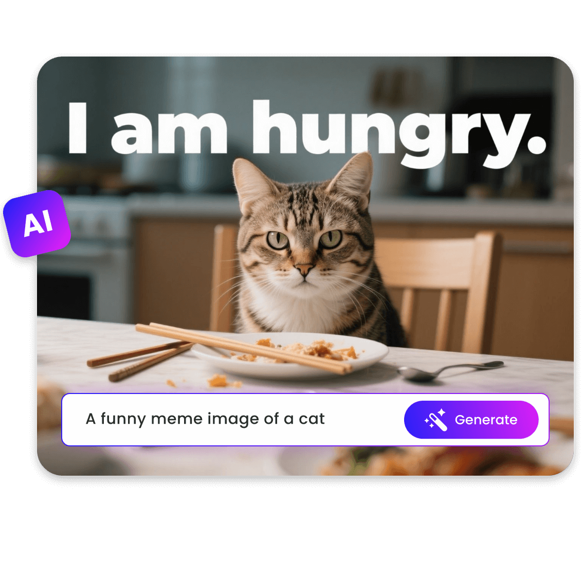 Create an ai cat meme with the text i am hungry