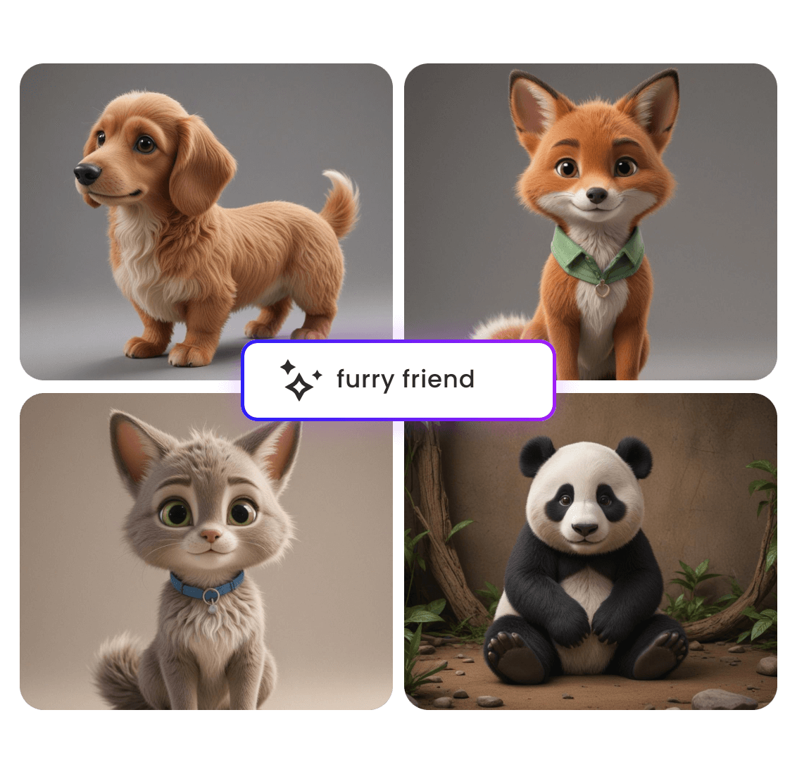 Criar quatro imagens ai de animais peludos a partir de texto no clipfly