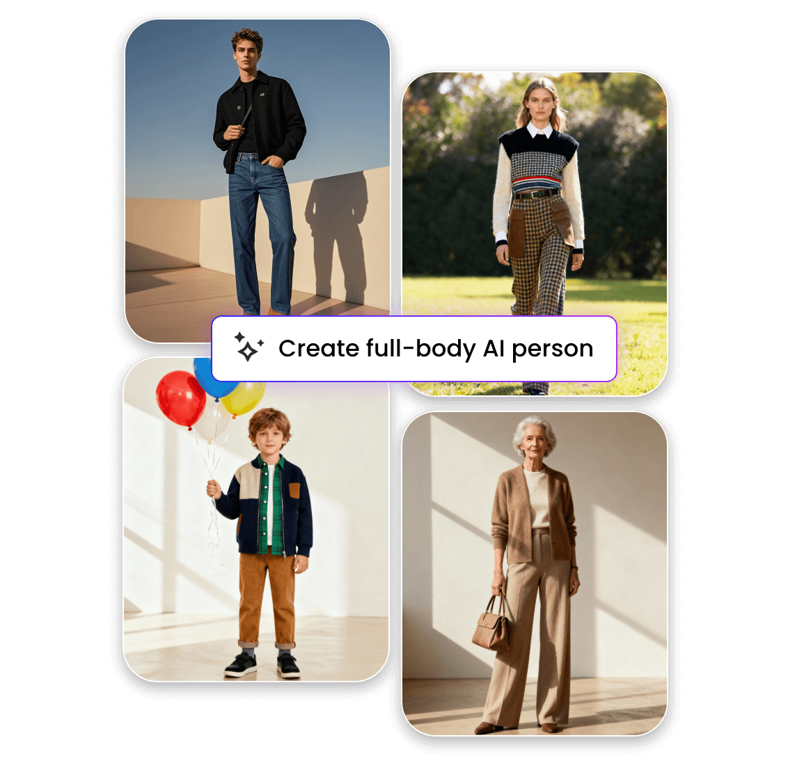 Create four full body characters from text in clipfly