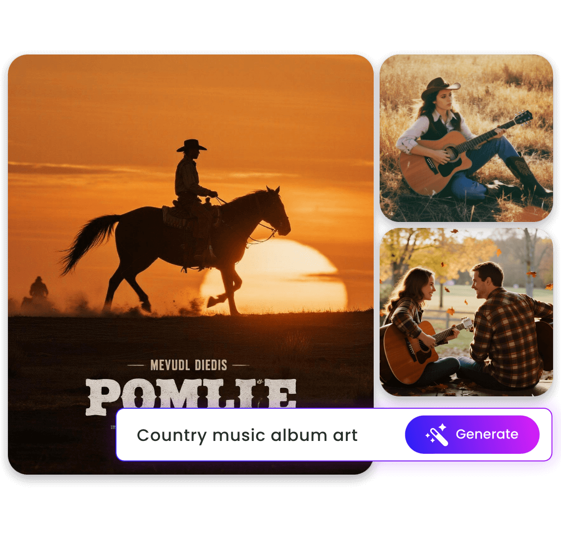 Create three different country music album art from text in clipfly