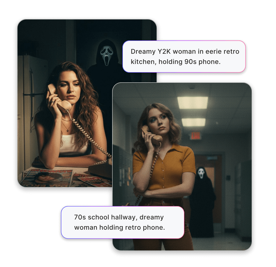 Create two ai ghostface photos with the girls appearing in two different scenes