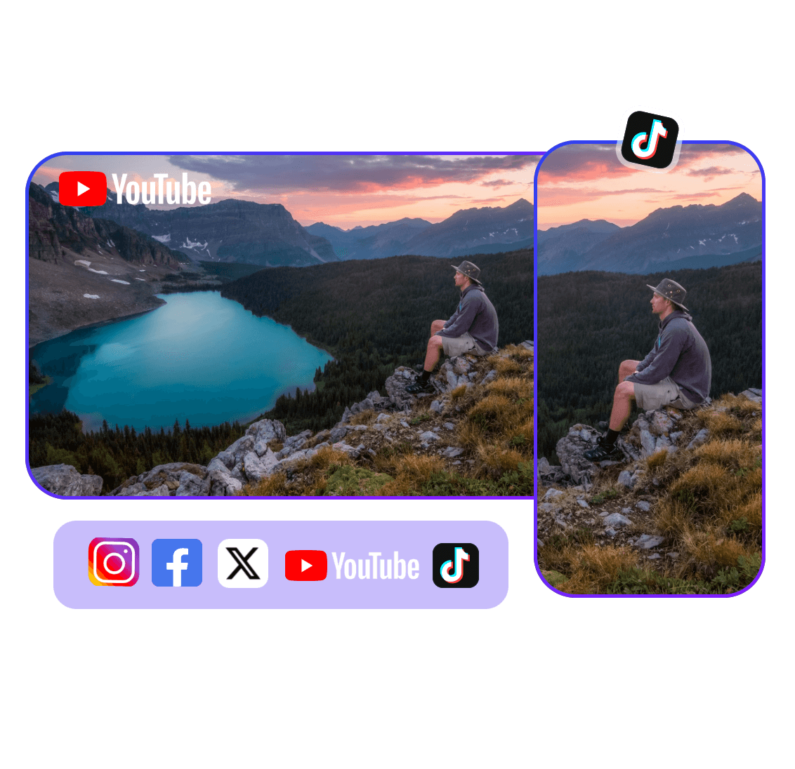Crop and resize the framing of a video featuring a man sitting by mountain lake for Tik Tok You Tube and more social media platforms
