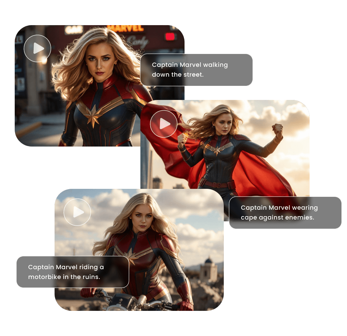 prompts personalizados para gerar vídeos de cosplay da capitã marvel em diferentes gestos