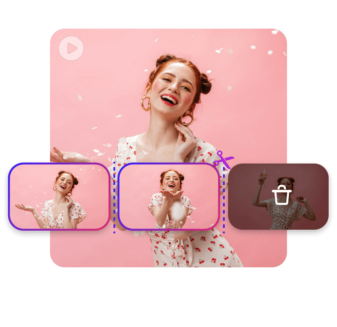 Cut video into three clips featuring a woman smiling with confetti