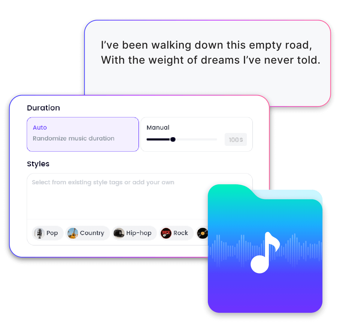 Easy AI music generator from lyrics with custom duration and styles