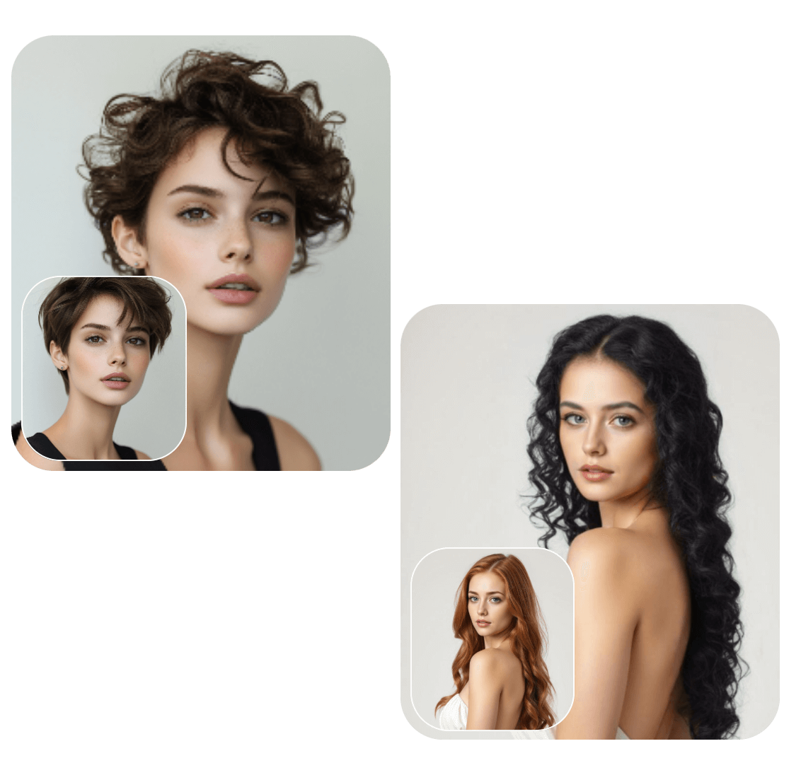 Effects switch between short and long curly hairstyles
