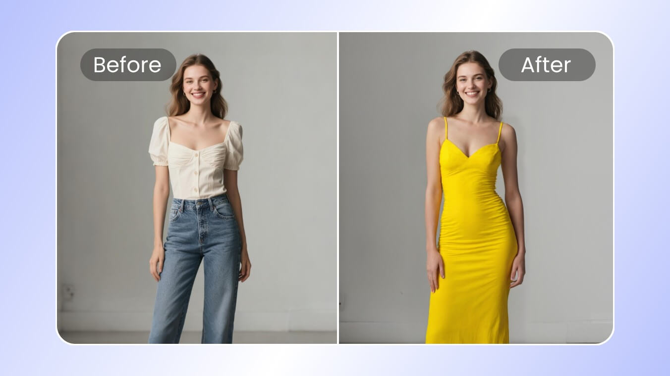 Das Outfit von einer Frau entfernen und in gelben Kleider verändern