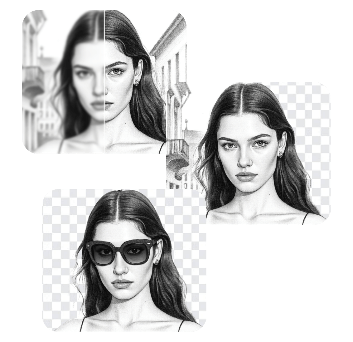 Enhance a line drawing of a long hair girl and use ai replace tool to add sunglasses to it