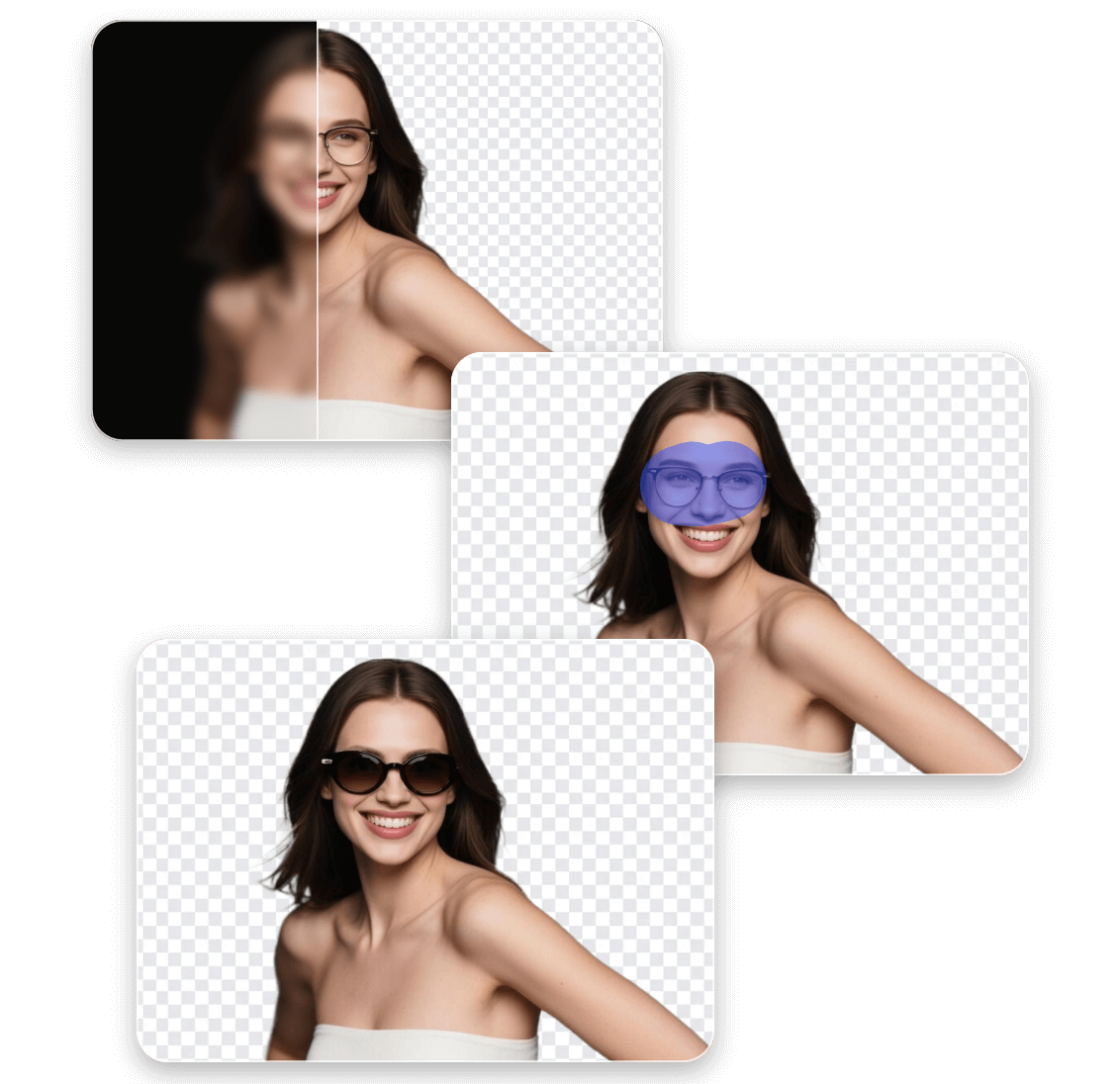 Enhance a photo of a fashion model with removed black background and use ai to add sunglasses to her