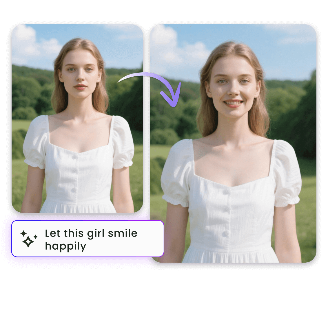 Enter text to change the expression of a white woman in the photo to a smile