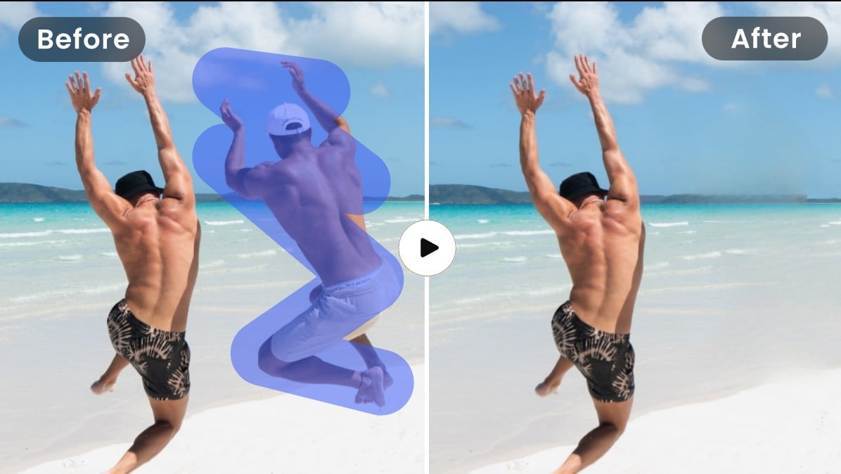 Erase a people from a picture featuring two men on the beach