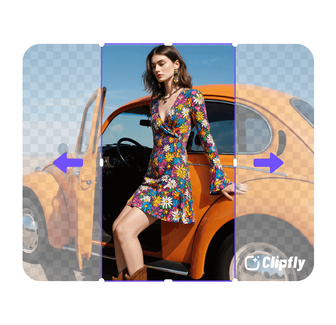 Expand a photo of a beautiful woman with clipfly ai image extender