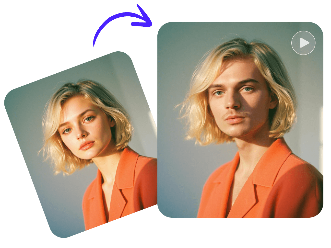 金髪の短い髪の女の子の写真を男の子に変換しクリップフライで動画に変換してください