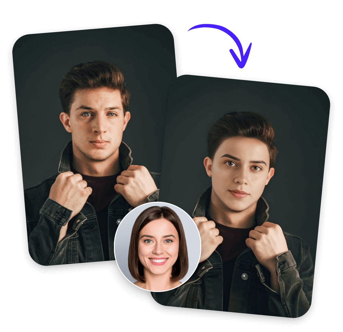 女性の顔と男性の顔を入れ替えることで性別を逆転させる