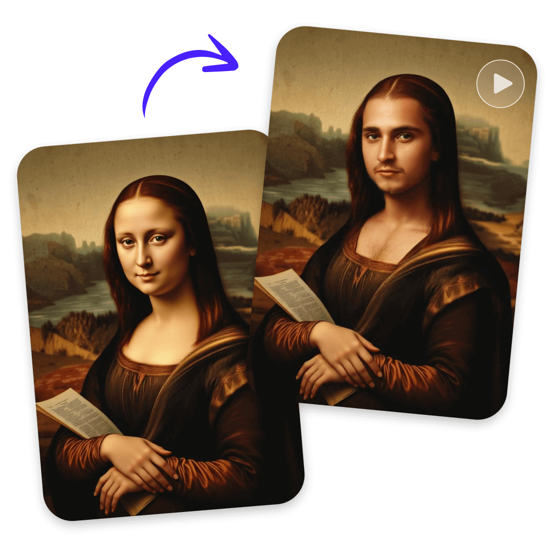 モナリザの絵画の性別を男性に変えそれを動画に変換する