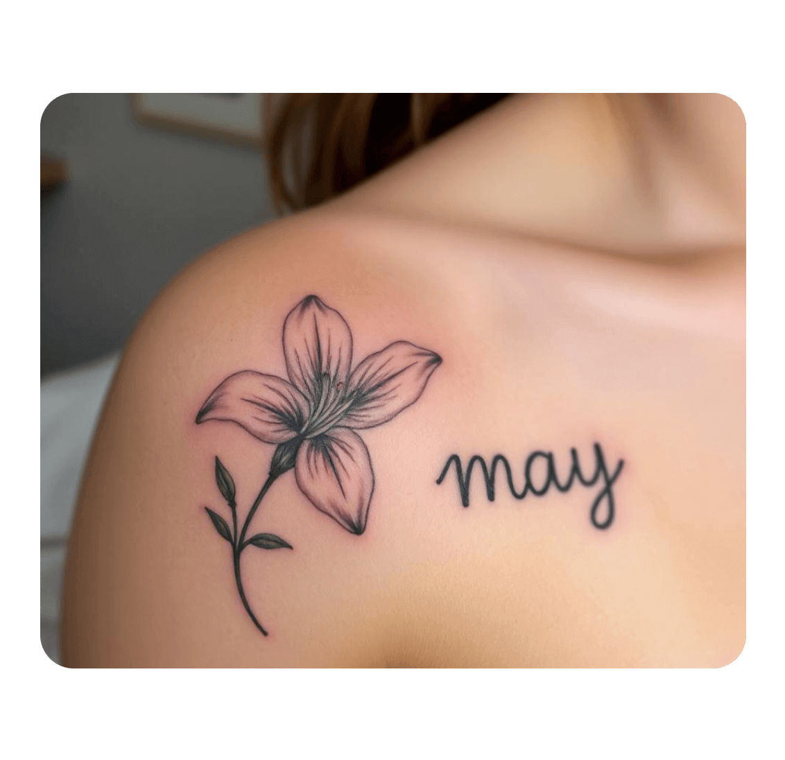 Generate a birth month flower tattoo on the shoulder of a woman