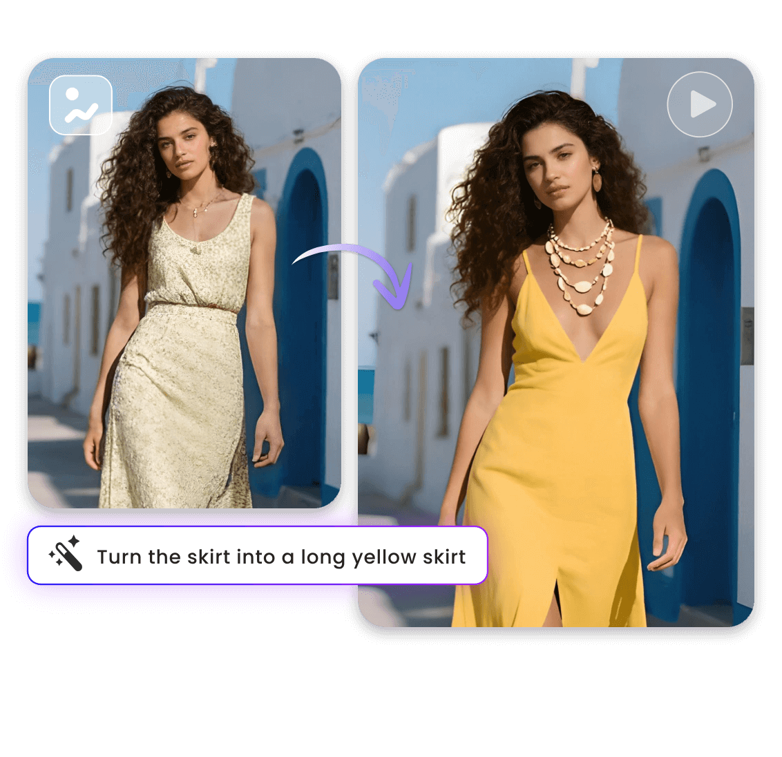 Generate a dynamic yellow dress changing video from a photo of a woman in a green dress
