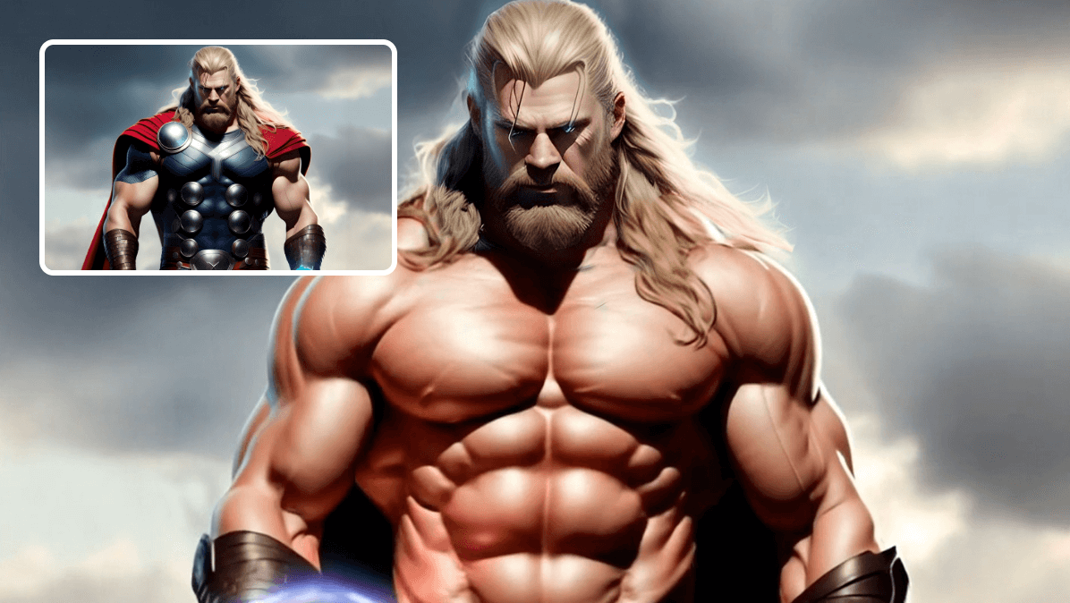 Gere um vídeo de crescimento muscular do personagem Thor com IA