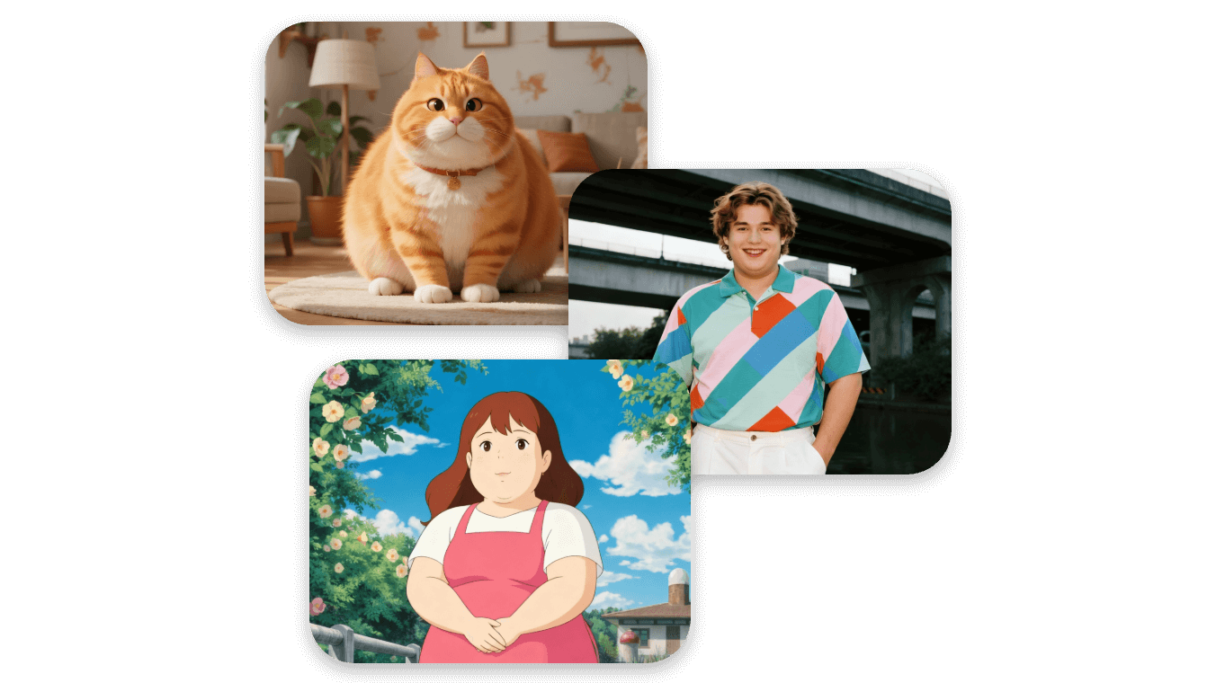 Generate a picture of a cartoon cat a picture of a real man and a picture of a ghibli girl with clipfly fat generator