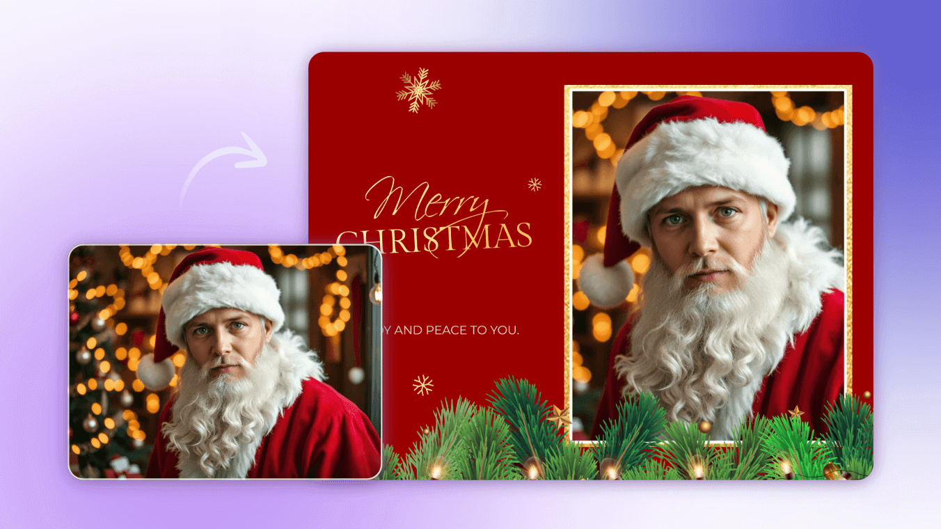 Generate a portrait of a man in Christmas attire using AI and create a poster and greeting card