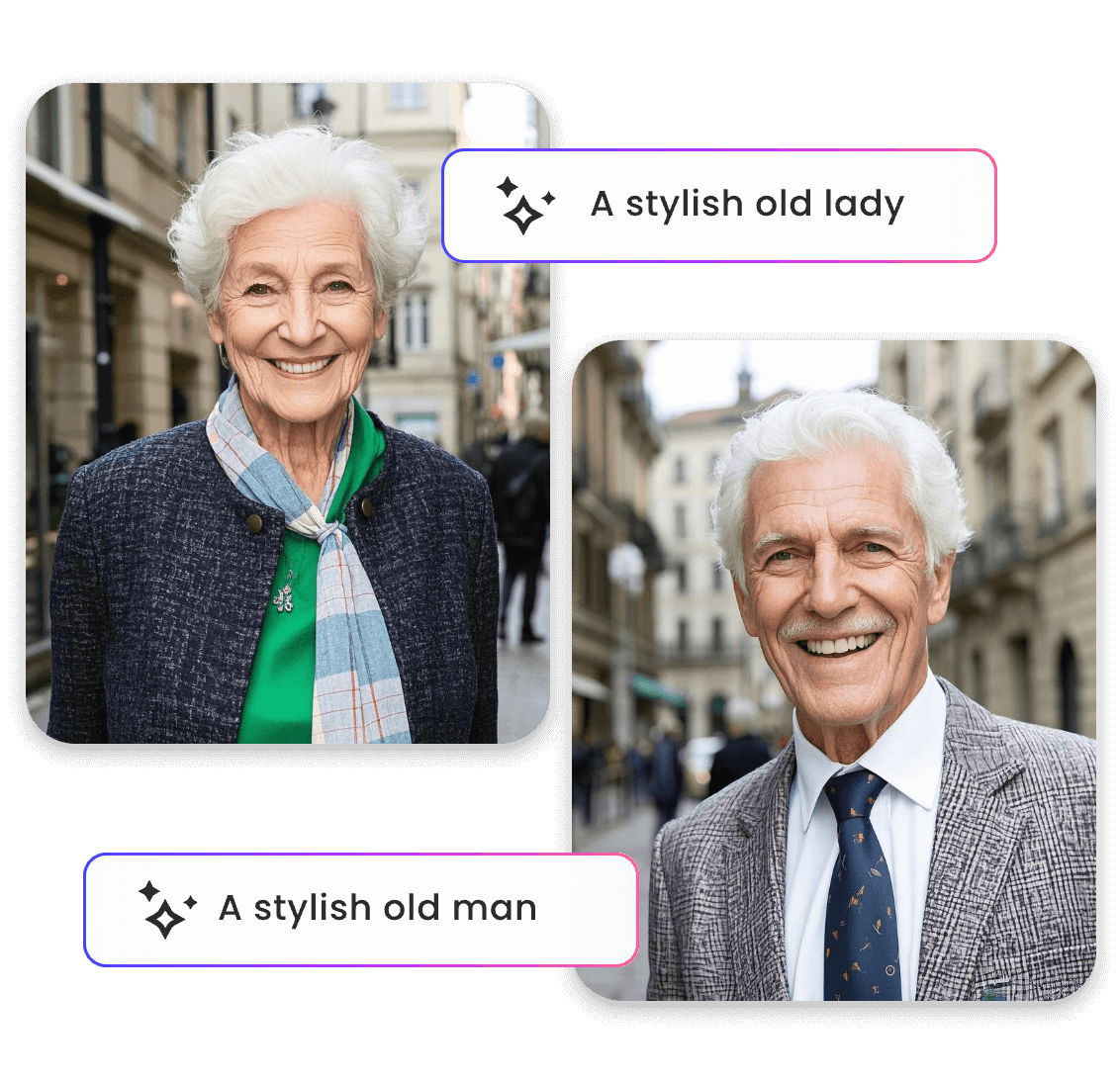 Generate a stylish old lady and a stylish old man with clipfly old filter
