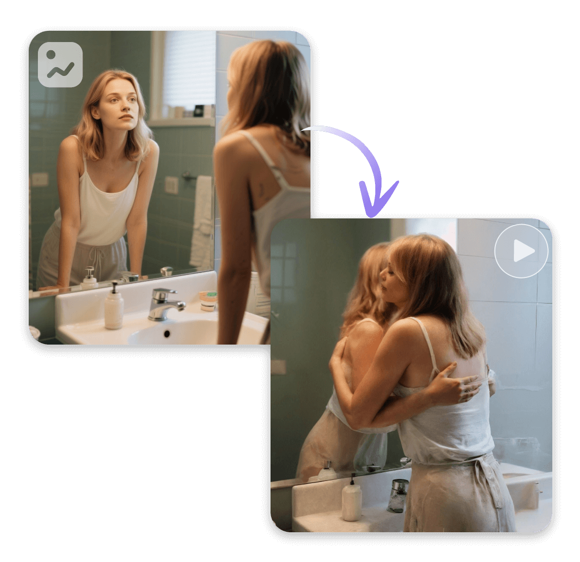 Generate a video of a girl hugging herself from a photo of her looking in the mirror