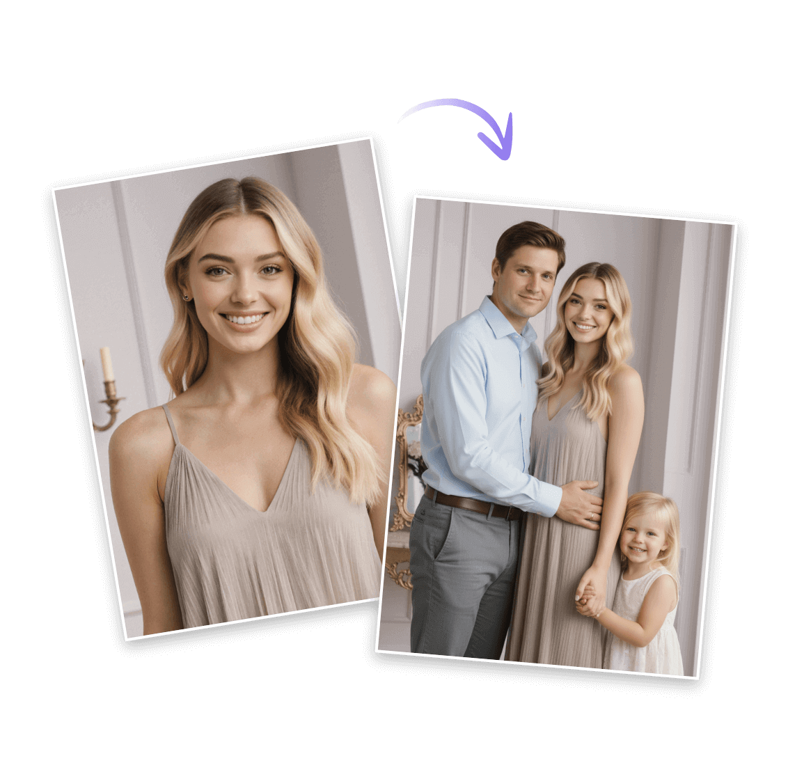Generate a virtual ai family picture from a photo of a woman