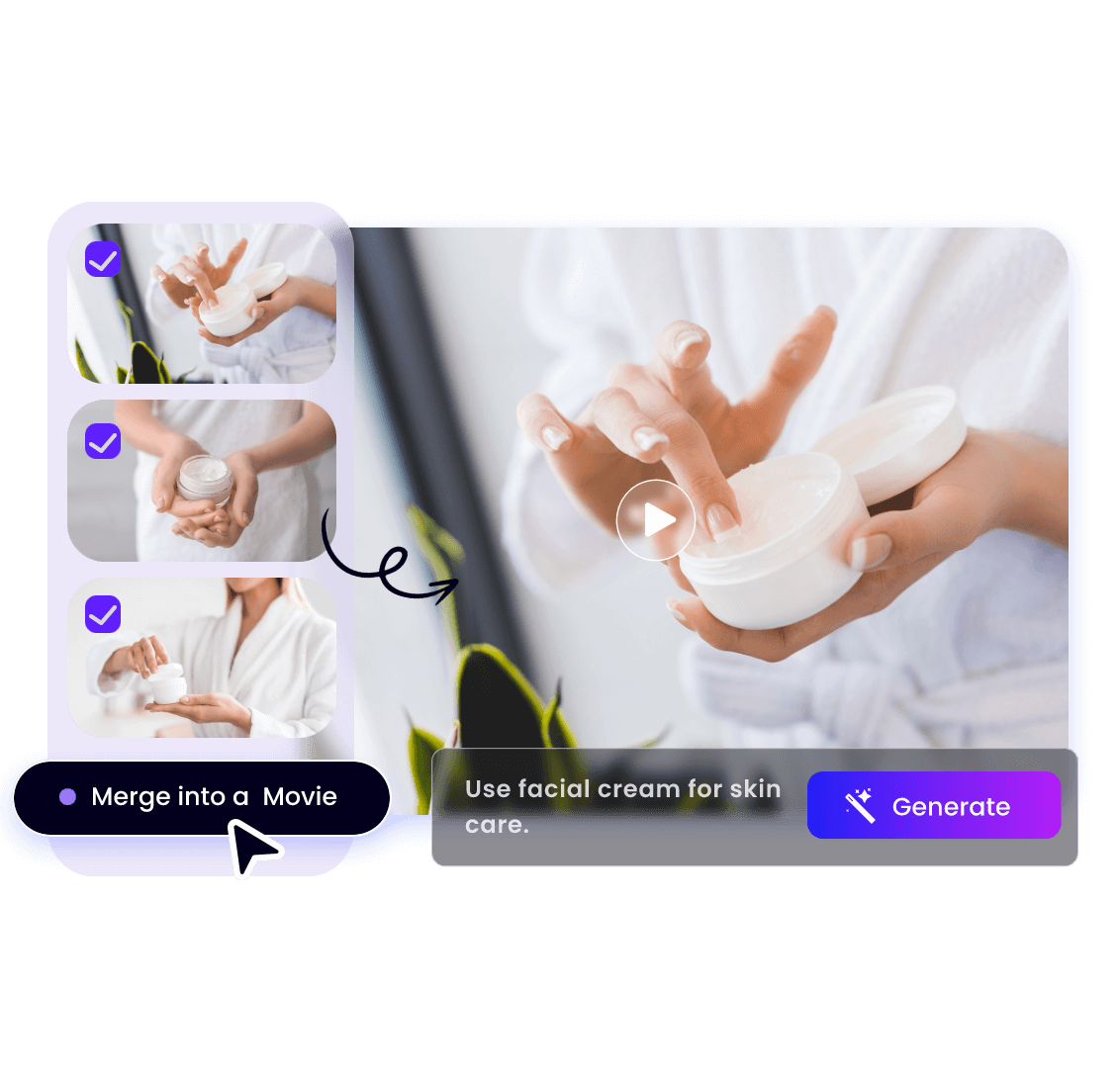 Generate ai video ads from text and merge these clips into a movie