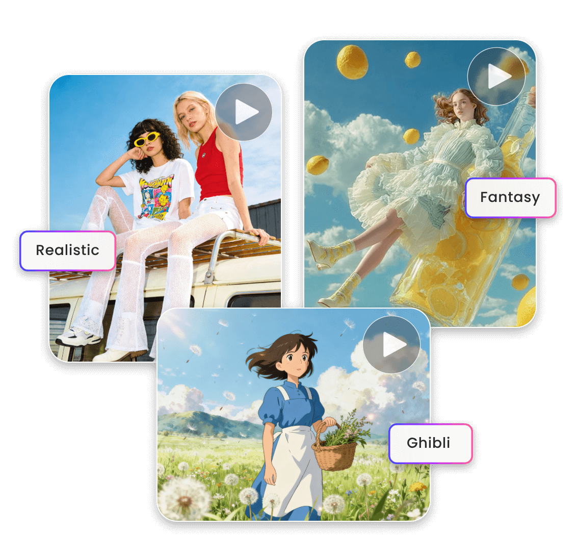 Generate ai video clips in three different styles