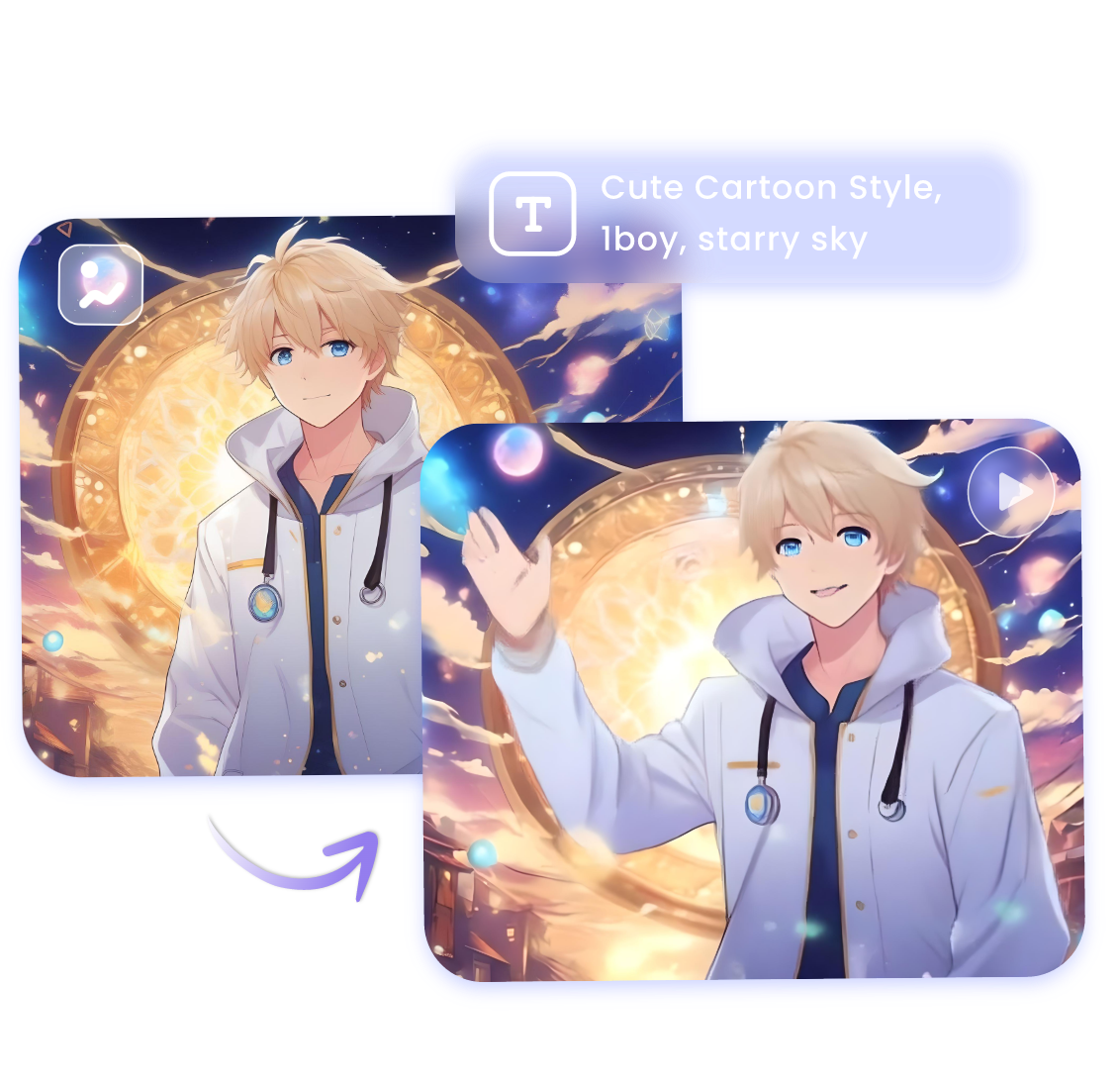 Gere uma imagem de desenho animado de IA e transforme-a em um vídeo dinâmico no gerador de vídeo de desenho animado de IA Clipfly