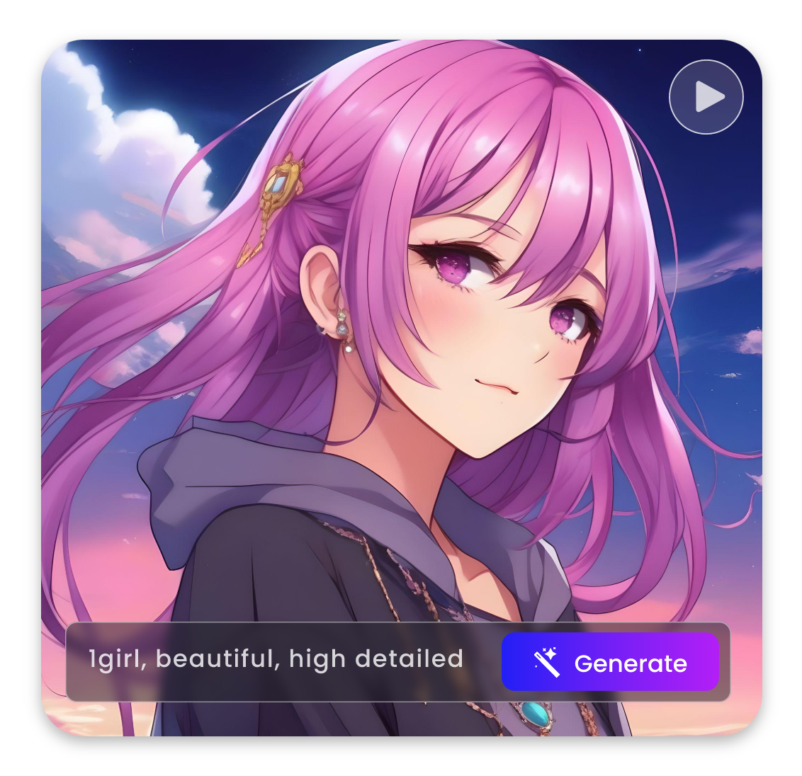 Gere uma cena de desenho animado de IA sobre uma garota de anime com cabelo rosa no gerador de vídeo de desenho animado de IA Clipfly