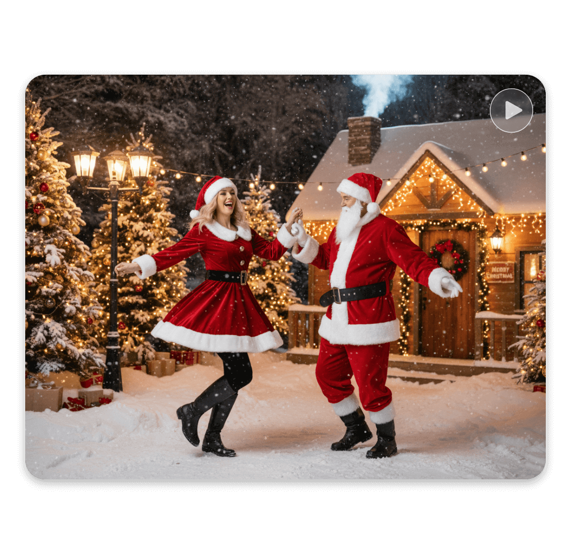 サンタクロースと楽しく踊る女性のアニメーション動画を生成するクリスマス加工