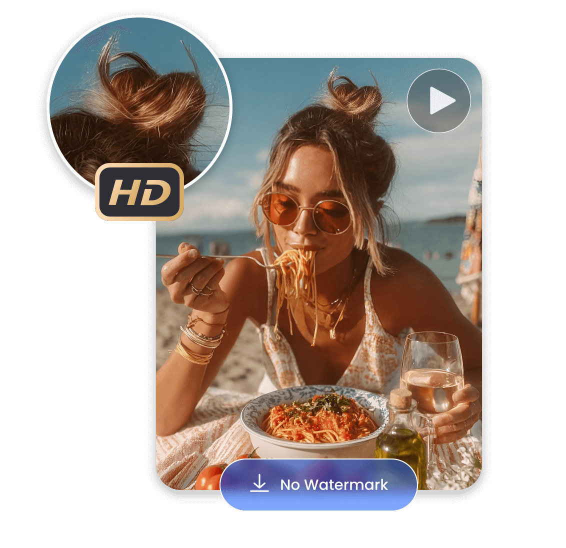 Generate an hd ai video clip of a food eating girl at a beach without watermark