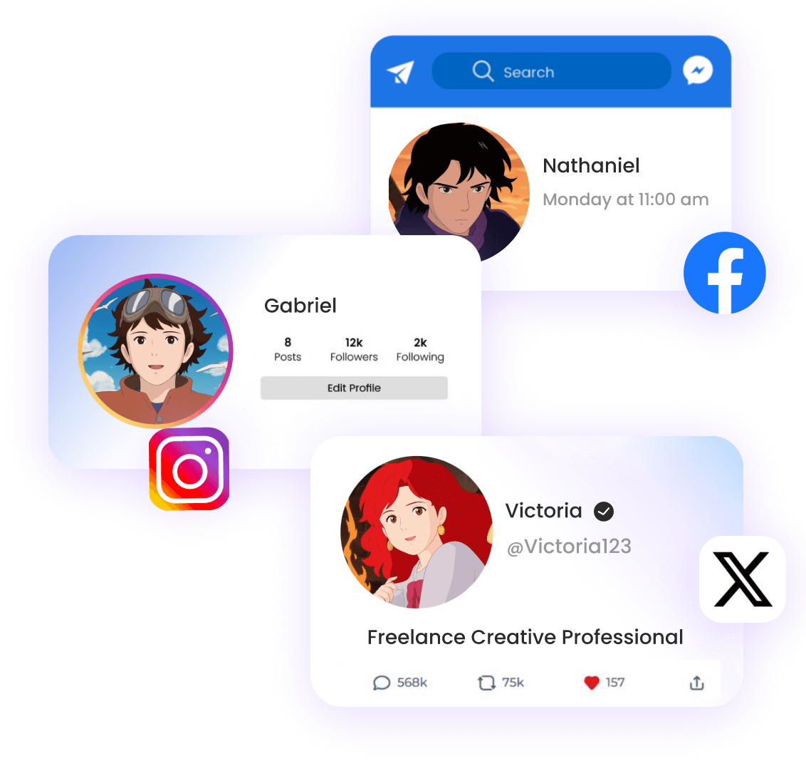 drei Ghibli PFPs jeweils für Instagramm und Facebook sowie X erstellen