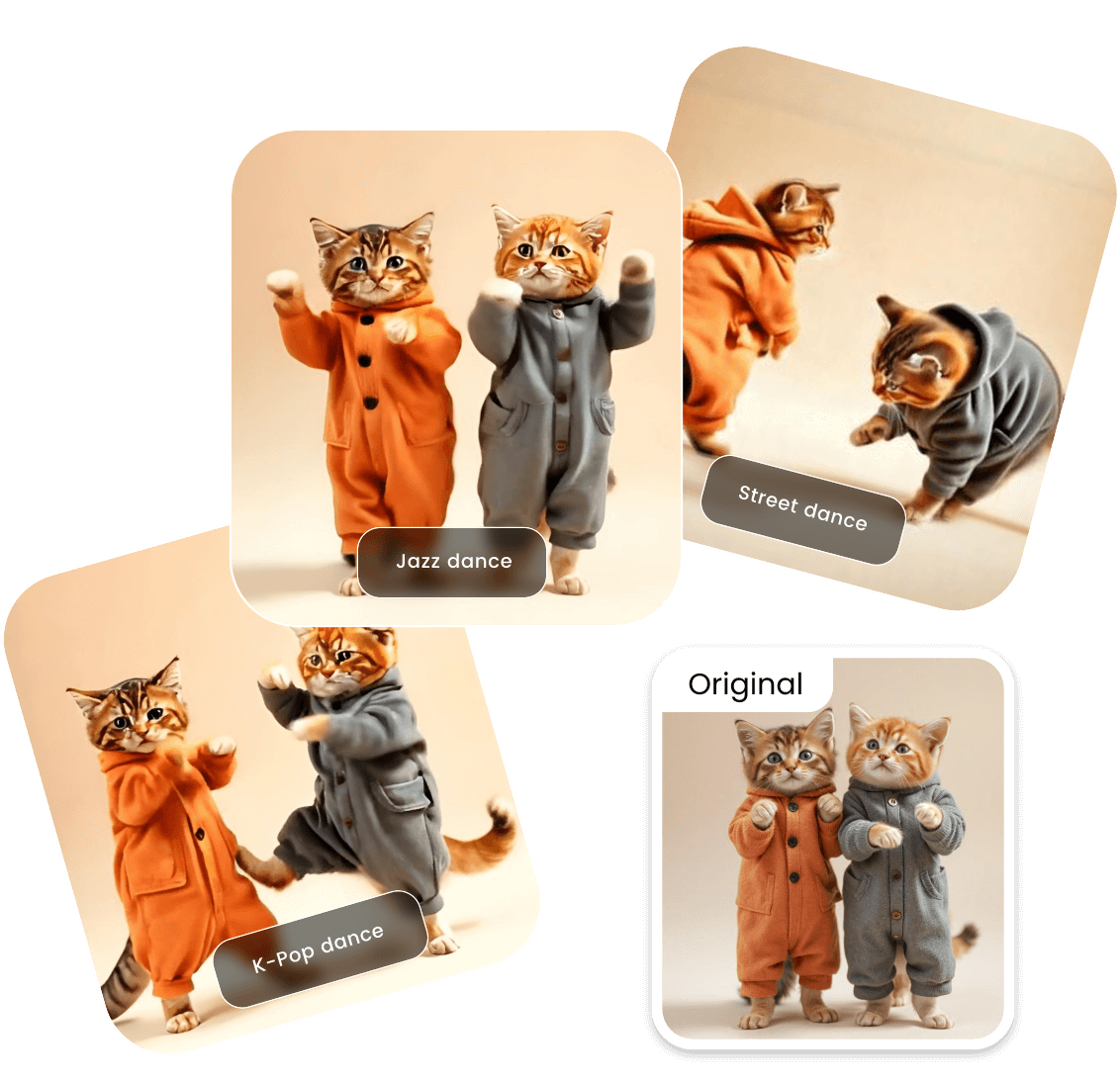 Generate group dancing videos in different dance styles like cats in jazz street and k pop dance