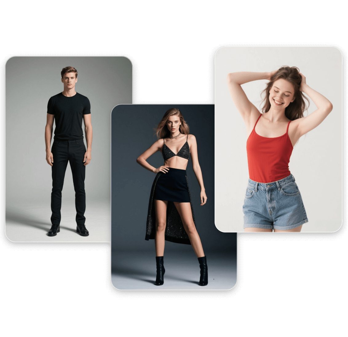 Generate three ai humans with different clothes and posture from text in clipfly ai