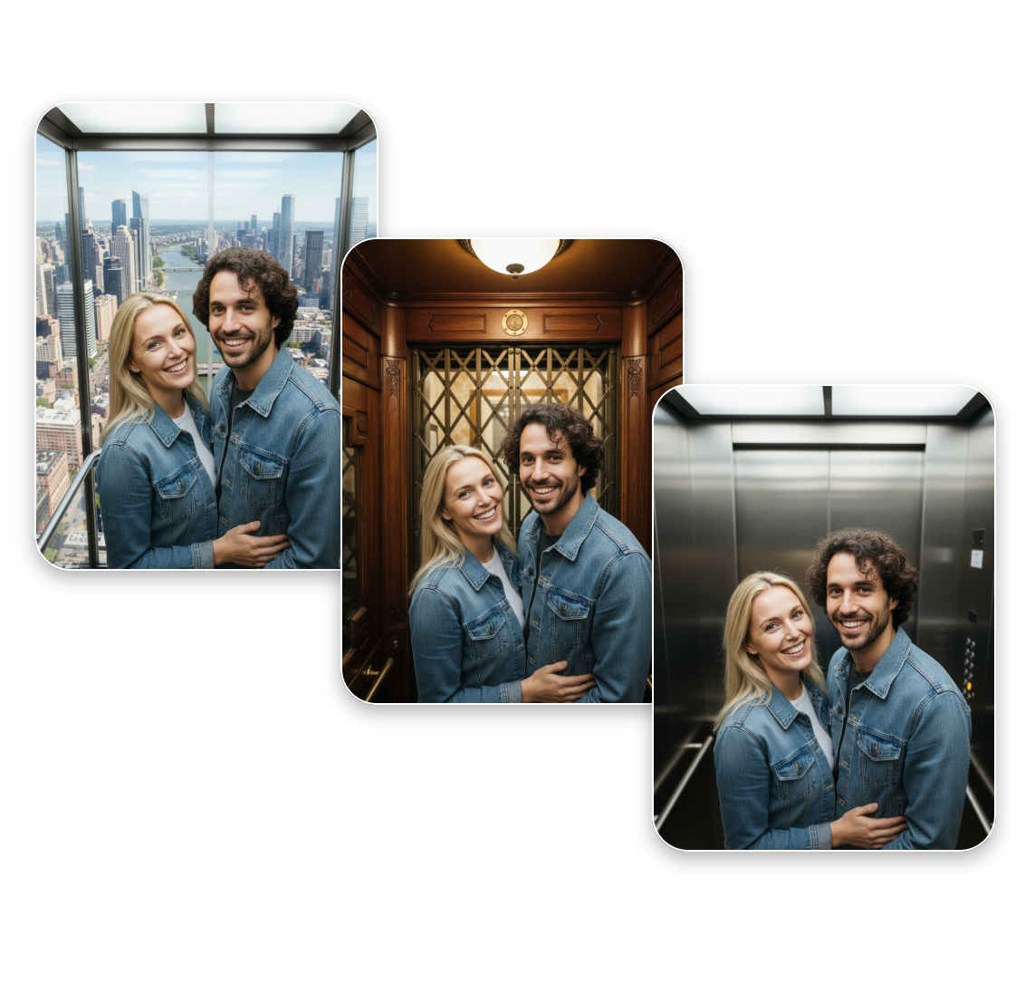 Generate three elevator couple photos with different elevator styles