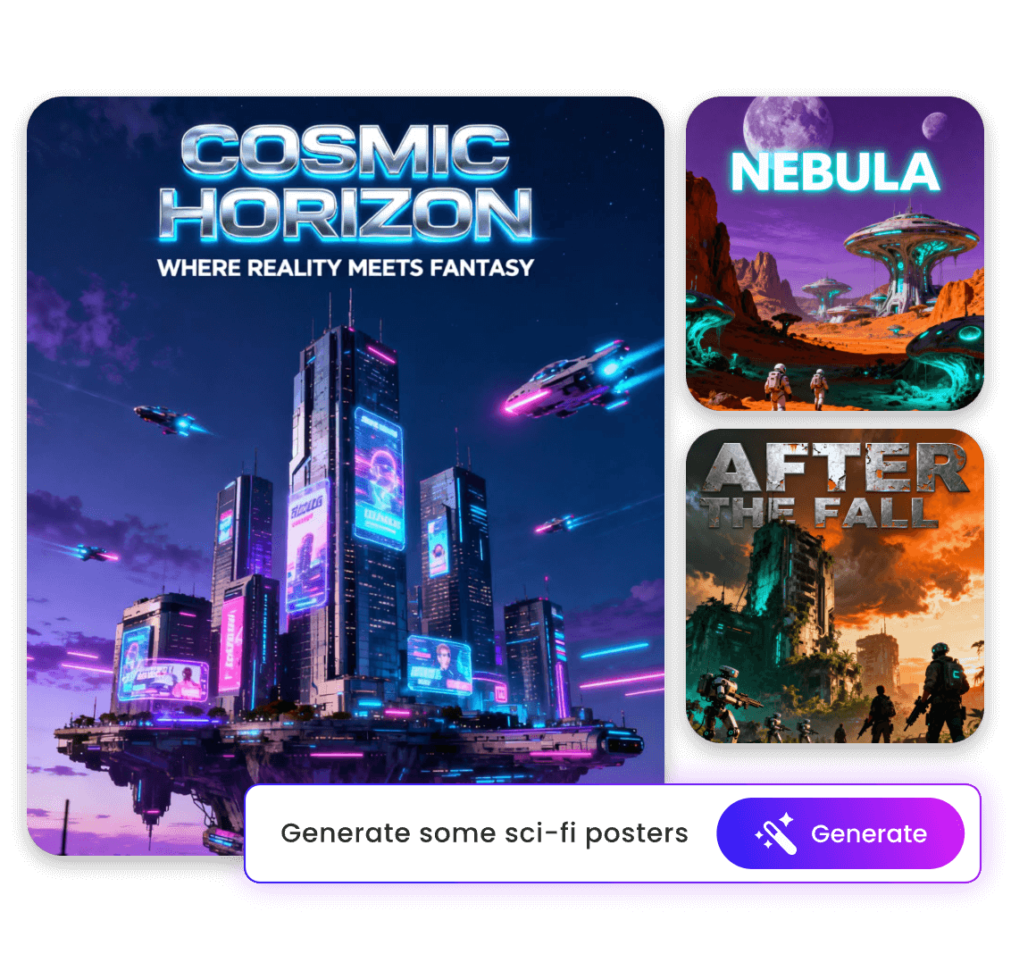 Generate three posters of sci fi theme with clipfly ai poster generator