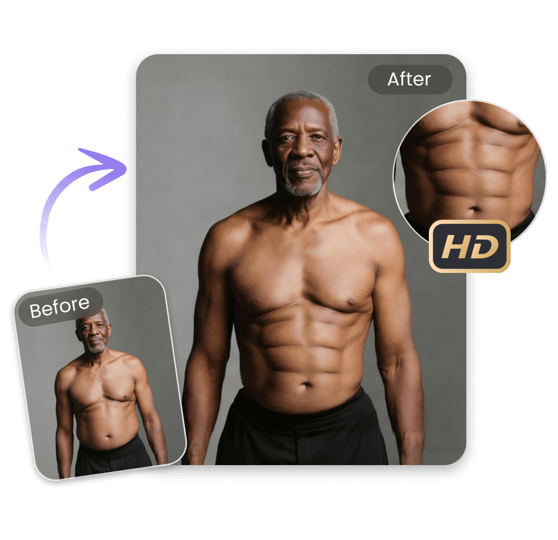 Get realstic a six pack effect for an old black male portrait