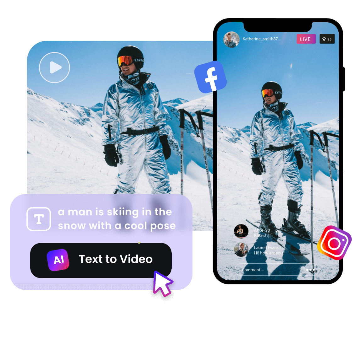 Input text to make a reel featuring a skiing man with a cool pose