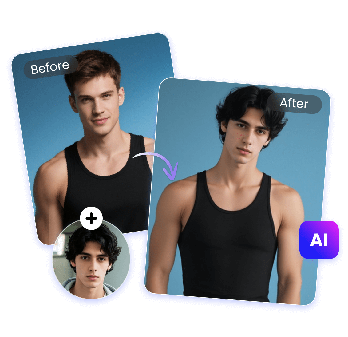 Instant AI head swap tool featuring putting a man in curly hair on a vest photo
