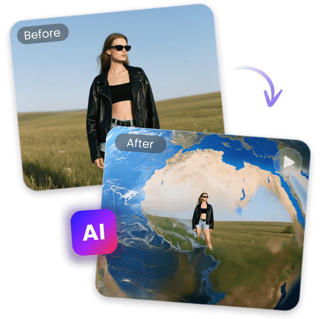 générer instantanément une vidéo de zoom arrière depuis la Terre avec IA mettant en scène une femme debout sur la prairie