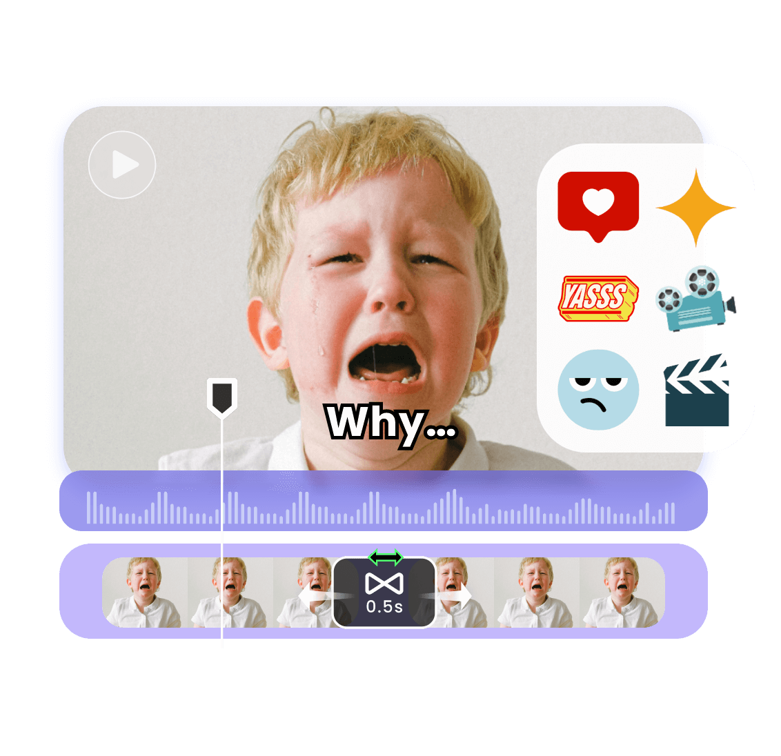 continue editando um vídeo de um menino chorando com transições e adesivos no editor de vídeo do clipfly
