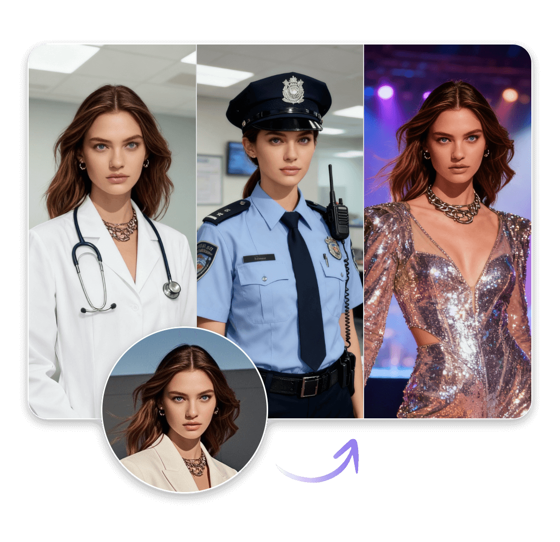 Keep the character consistency of a female portrait across multiple photos in clipfly